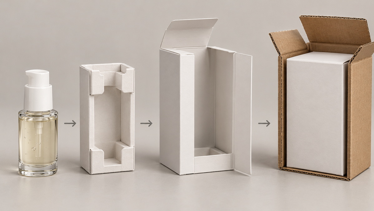 Layered Packaging For A Glass Skincare Bottle Shisha terini parvarish qilish shishasi uchun qatlamli qadoqlash